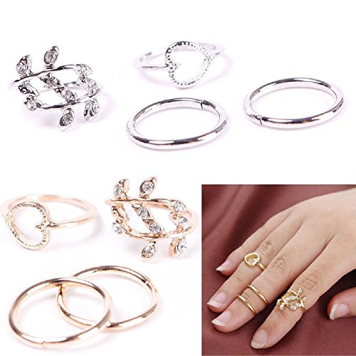 4pcs Fashion New Women Girl Rhinstone Heart Leaves Leaf Circle Knuckle Rings Set