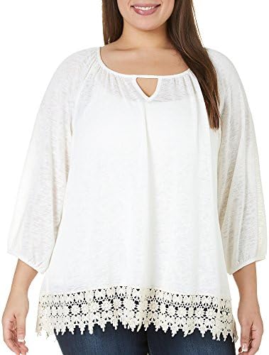 Bobeau Plus Crochet Hem Peasant Top 2X Ivory white