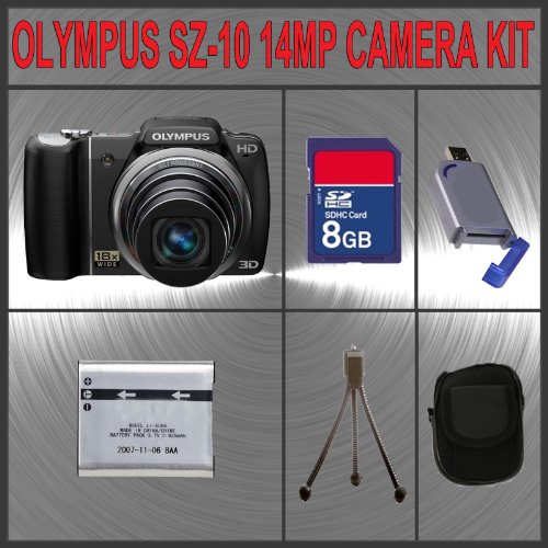 Olympus SZ-10 14 MP Digital Camera with Super-Slim 28mm Wide-Angle 18x Optical Zoom + Huge Accessories Package Including 8GB SDHC Memory Card + Extended Life LI-50B Lithium Ion Battery Pack + Hi-Speed SD Card Reader + Carrying Case + Table Top Tripod Kit
