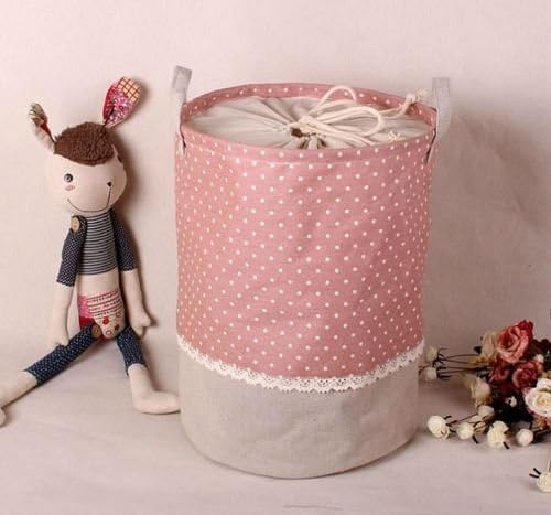 Polka Dots Lace Storage Round Laundry Hamper Bucket Cotton Linen Large Size (Pink)