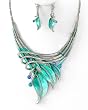 Silvertone Aqua Blue Leaf Statement Necklace and Earrings Set Fashion Jewelry