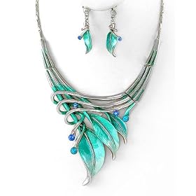 Hand Painted Blue Leaf Statement Necklace and Earrings Set Fashion Jewelry: Jewelry