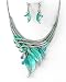 Silvertone Aqua Blue Leaf Statement Necklace and Earrings Set Fashion Jewelry