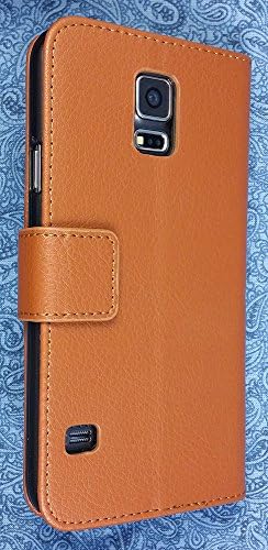 High Quality Vegan Leather Folio Wallet Case with Magnetic Enclosure and Kickstand for Samsung Galaxy S 5 SM-G900A / SM-G900T / SM-G900V / SM-G900P / SM-G900F / SM-G900I / SM-G900K / G900L / G900S / SM-G900M / SM-G900R4 - Brown