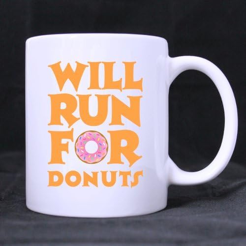 Funny Donut Mug - Popular Will Run For Donuts Coffee Mug or Tea Cup - 11 ounces