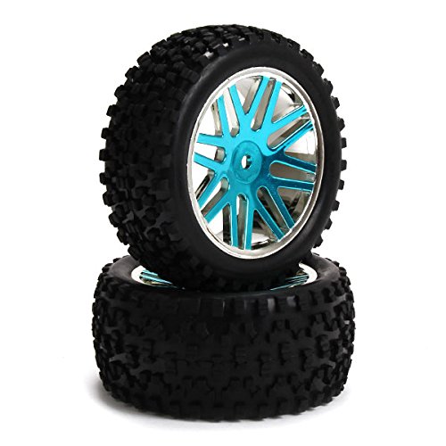 Generic 2pcs Front and 2pcs Rear Wheel Rims and Rubber Tires for HSP 1:10 RC Off-Road Buggy Blue-plated