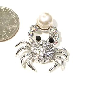 AB Clear Austrian Rhinestone & Pearl Crab Silver-Plated Brooch Pin