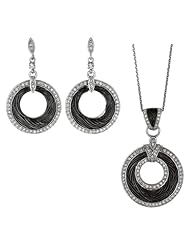 BRI Jewelry Sterling Silver Black Web Between 2 Open Round Ring With Clear Cubic Zirconia Set - Pendant - Earring