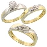 10k Gold 3-Piece Trio His (6mm) & Hers (4.5mm) Diamond Wedding Band Set w/ Rhodium Accent, w/ 0.10 Carat Brilliant Cut Diamonds; (Ladies Size 5 to10; Men's Size 8 to 14)