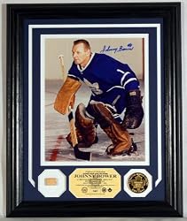 Johnny Bower Autographed Photomint with Game Used Stick with Gold Coin Plaque Toronto Maple Leafs