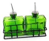 Home Chic Colorful Glass Matic Style Vinegar and Oil Dispensers ~Two Green Matic Glass Bottles With Black Metal Stand ~ Olive Oil Bottles ~ Vinegar Bottles ~ Decorative Liquid Dispensers~ Cruet ~ Drizzler