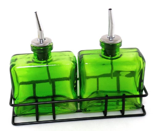 Home Chic Colorful Glass Matic Style Vinegar and Oil Dispensers ~Two Green Matic Glass Bottles With Black Metal Stand ~ Olive Oil Bottles ~ Vinegar Bottles ~ Decorative Liquid Dispensers~ Cruet ~ Drizzler