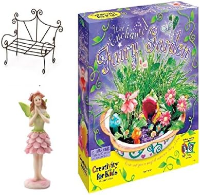 Fairy Garden Starter Kit Bundle with 3 Items: Enchanted Fairy Garden Kit With Plants, Mini Fairy Bench, Miniature Small Wing Fairy Sold As Set