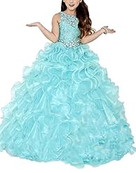 Girls Organza/Taffeta Floor Length  Backless Applique Beaded Lace Crystal  Halter  Ball Gown Pageant Dress  With Ruffles
