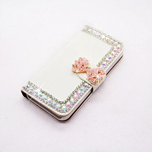 Luxury 3D Fashion Pearl Bow Flower Bling Diamond Bow PU Flip Wallet Leather Case Cover For Smart Mobile Phones (Apple iPhone 5 5S , White ).