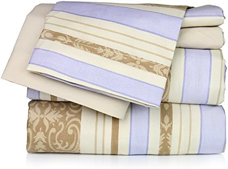 Super Soft Luxury Floral Six Piece Bed Sheet Set in 6 Prints (King, Beige Stripe)