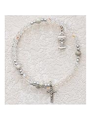 Geniune Tin Cut Crystal, Full Rosary Wrap (Bracelet) Catholic First Communion Chalice & Cross Childrens Girls Bracelet (Bracelet 6 1/2") Sterling Silver Charms.