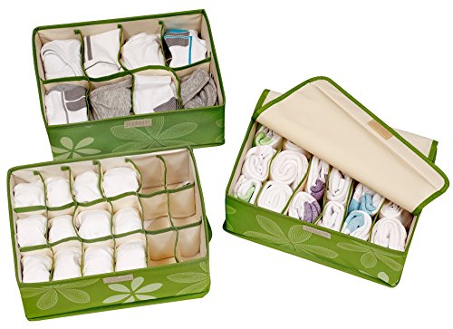 HomePro Goods Bedroom Drawer Organizers, Set of 3 Underwear, Sock and Lingerie Storage Boxes with Lid (Green)