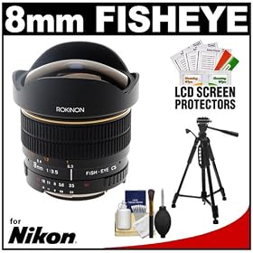 Rokinon 8mm f/3.5 Aspherical Fisheye Manual Focus Lens with Tripod + Cleaning & Accessory Kit for Nikon D90, D3000, D3100, D5000, D5100, D7000, D300s & D700 Digital SLR Cameras