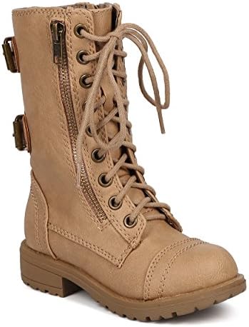 Happy Soda Dome-2S Leatherette Lace Zipper Buckles Military Combat Boot (Toddler/ Little Girl/ Big Girl) - Light Camel (Size: Toddler 10)