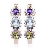 18k Yellow Gold Plated Sterling Silver Genuine Multi Stone and Diamond Accent Hoop Earrings