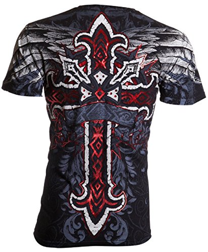 Archaic AFFLICTION Men T-Shirt RED FLAG Cross Wings Tattoo Biker (X-Large)