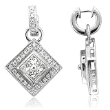 18k White Gold Round and Princess Cut Diamond Hoop Drop Earrings (G-H, SI-I, 1.46 carat)