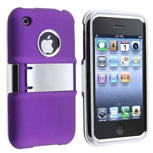Snap-on Rubber Coated Case with Stand compatible with Apple® iPhone® 3G / 3GS , Purple with Chrome Stand