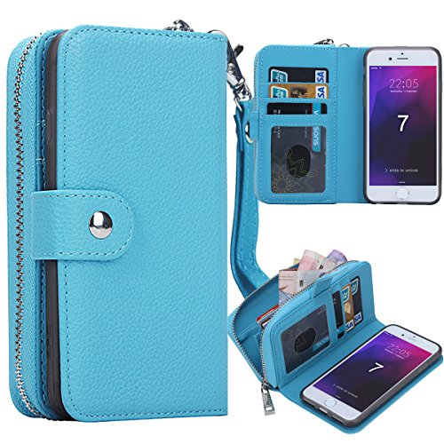 iPhone 7 Case, iPhone 7 Zipper Wallet Case, Pasonomi PU Leather Protective Shell Detachable Folio Flip Holster Carrying Case with Strap and Card Holder for iPhone 7 (Blue)
