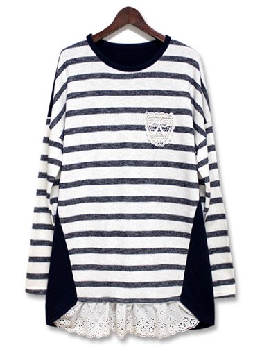 (イイネショップ) eeNeshop ロング丈 レース 切替 配色 ボーダー カットソー