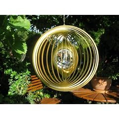 Edelstahl Windspiel Kreis Gold = Gr��e � 175 mm Wetterfest mit Glaskugel - 50 mm Durchmesser w�hlbar in den Farben: rubinrot, kobaltblau, smaragdgr�n, t�rkis, gelborange und saphirblau,