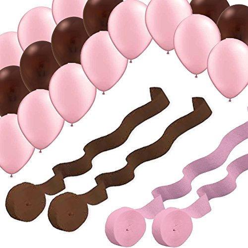 2 Pink 2 Brown Rolls Streamers and 24 Balloons Decorating Kit