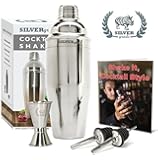 Premium SST Cocktail Shaker Set Bundle w/ Jigger, Pourers and Over 50 Recipes / 24oz Martini Bartender Bar Kit