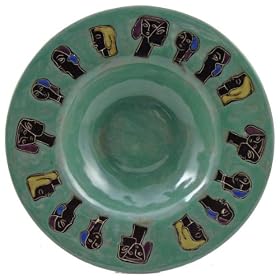 12 MARA Stoneware PASTA Plate SERVING BOWL Abstract FACES Light GREEN Design by CollectibleXchange