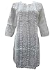Womens Tunic Caftan Dress- White Embroidered Casual Kurta Yoga Dresses Small Size