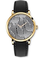 SPRAWL Aanalog Fashion Series Gold Ladies Watches of Genuine Black Leather Strap,Unique Wrist Watch for Women Girls Designed with Black and white stripes