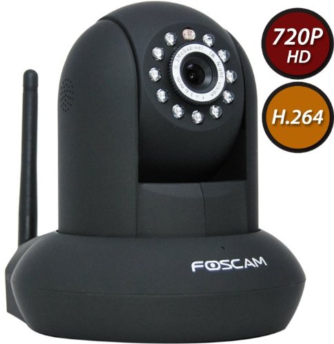 Foscam FI9820W HD 1280 x 720 Resolution Wireless/Wired Pan & Tilt IP/Network Camera with IR-Cut Filter for True Color Images - 8 Meter Night Vision and 3.6mm Lens (50° Viewing Angle) - Black