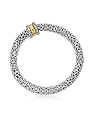 18K Yellow Gold and Sterling Silver Stretchable Bangle in Popcorn Chain