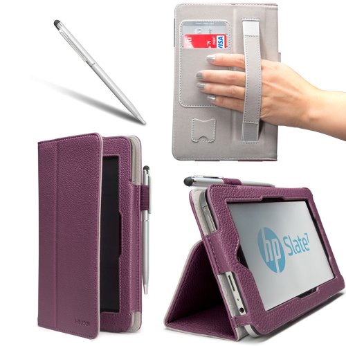 i-BLASON For HP Slate 7 Android Tablet Leather Case Cover (Elastic Hand Strap, Multi-Angle, Card Holder ) With Bonus Stylus 3 Year Warranty (Purple)