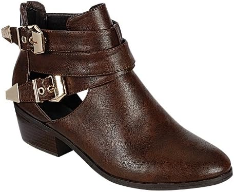 Reneeze Womens Beauty-04 Fashion Buckle Cut Out Back Zip Chunky Heel Ankle Bootie