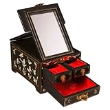 EXP Handmade Oriental Black Lacquer Mother Of Pearl Jewelry Box w/ Mirror & Felt Lining-Butterflies