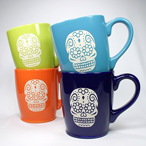 Sugar Skull Mugs Set of 4 - One of Each Color - 16 Oz - Sandblasted Ceramic