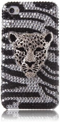Kazma Saki(TM) Black White 3D Bling Design With Zebra Head Print Full Diamond Case Cover For iPhone 4S 4 (Package includes: 1 X Screen Protector and Extra Pearls).