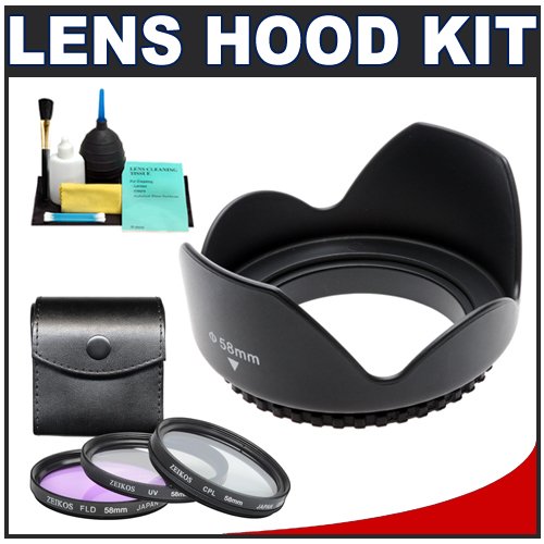 Pro EW-60C 58mm Hard Lens Hood & 3 (UV/FLD/CPL) Filter Set for Canon EF-S 18-55mm f/3.5-5.6 IS Zoom Lens (with EOS 50D, 7D, Rebel XSi, XS, T1i, T2i Digital SLR Camera)