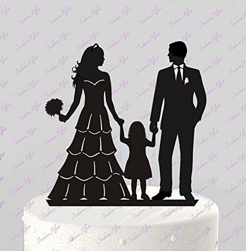 Wedding Cake Topper Silhouette Groom and Bride with little girl - Family Acrylic Cake Topper [CT83g]