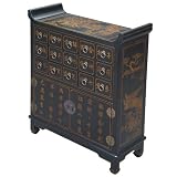 Handmade Oriental Furniture - 39" Antique Style Black Leather Medicine Chest Style Buffet / Cabinet