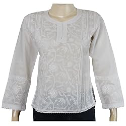Kurti Dress in India Clothes Cotton Chikan Embroidery Size XS (ctop398)