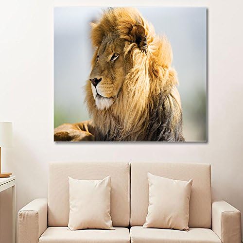 Posters and Prints Printed Animal Lion Paintings Picture Wall Art on Canvas for Living Room Home Decorations or Hotel Stretched Wooden Framed Green (12 x 16 inches)