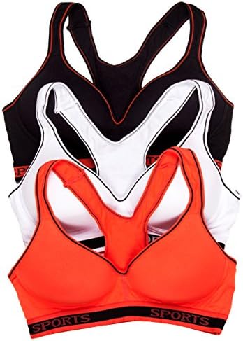 Lacy Junior's 100% Cotton Racerback Molded Cup Performance Sports Bra 3-Pack (34B, Black/Orange/White)