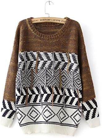Omine Women's Tassels Color Dots Stripes Graphic Pattern Aztec Loose Sweater One Size Khaki